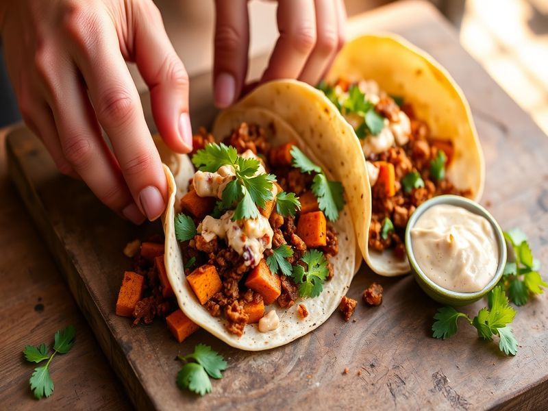 Spicy Chorizo and Sweet Potato Tacos with Chipotle-Lime Crema