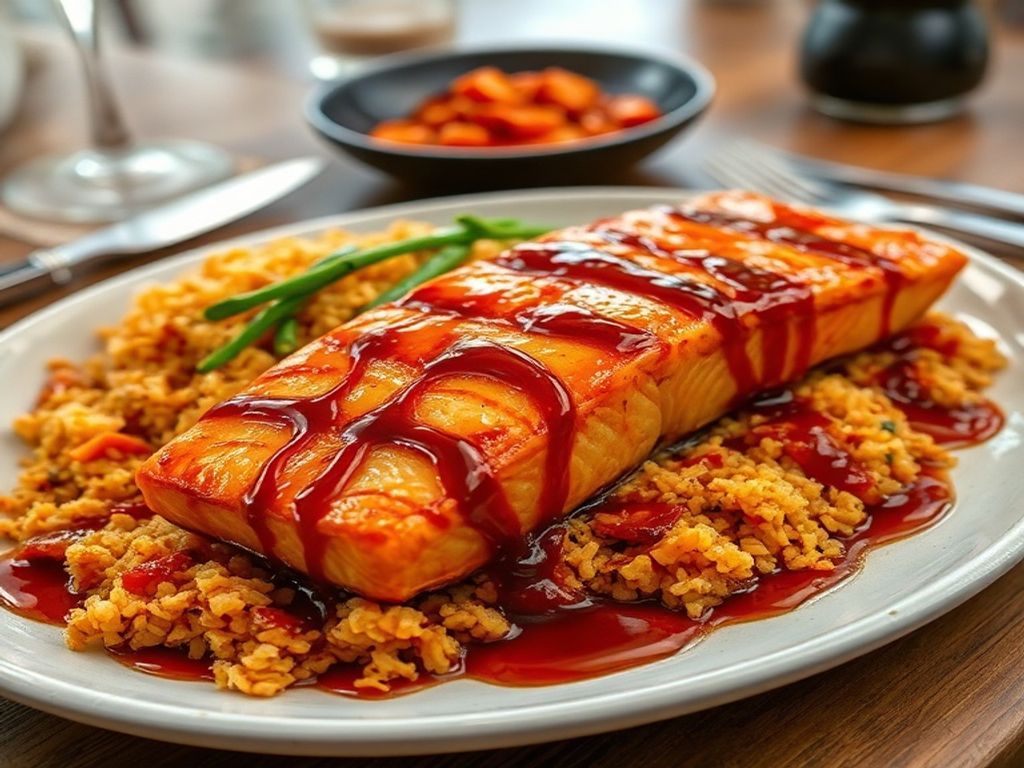 Spicy Gochujang Glazed Salmon with Kimchi Fried Rice