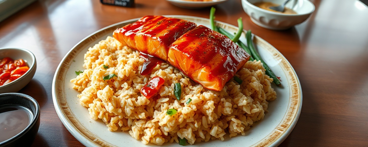 Spicy Gochujang Glazed Salmon with Kimchi Fried Rice