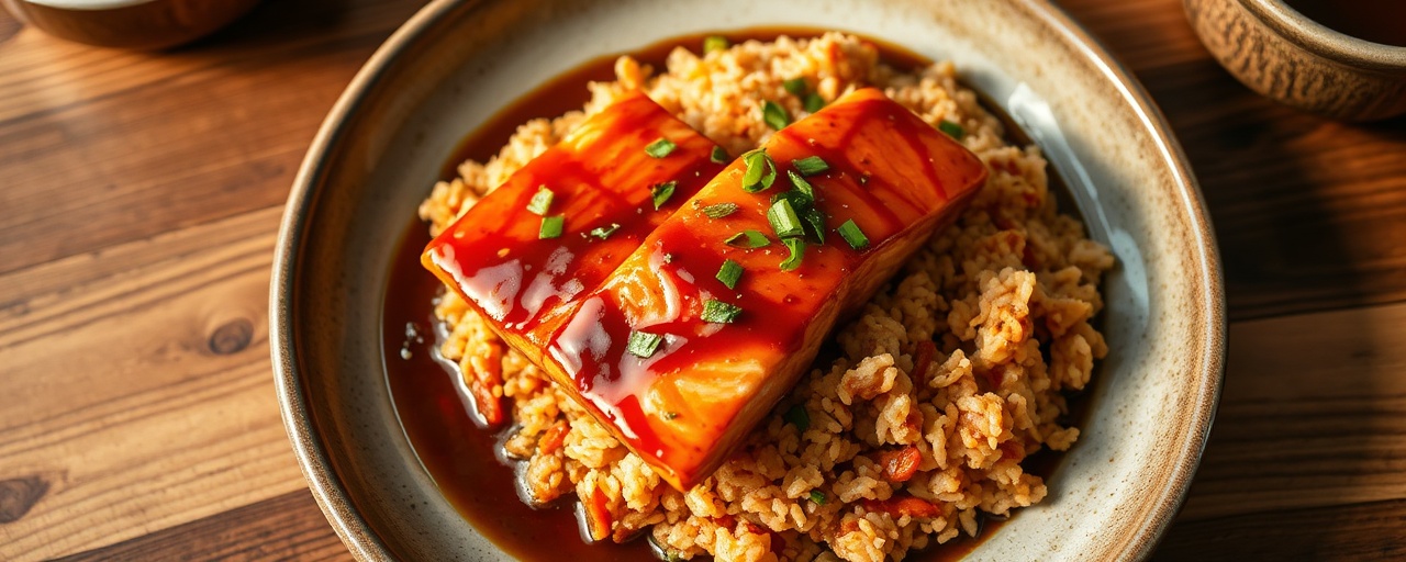 Spicy Gochujang Glazed Salmon with Kimchi Fried Rice
