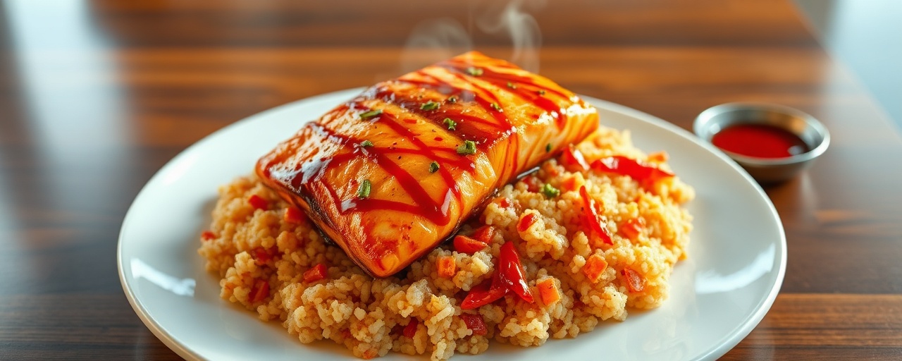 Spicy Gochujang Glazed Salmon with Kimchi Fried Rice