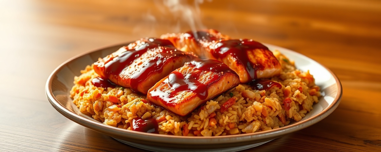 Spicy Gochujang Glazed Salmon with Kimchi Fried Rice