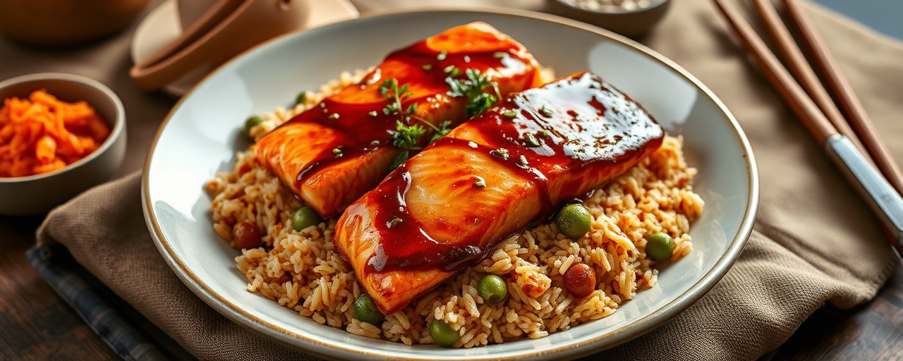 Spicy Gochujang Glazed Salmon with Kimchi Fried Rice