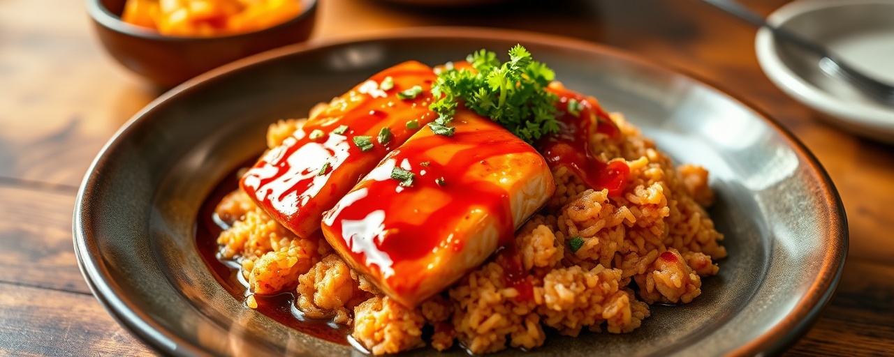 Spicy Gochujang Glazed Salmon with Kimchi Fried Rice