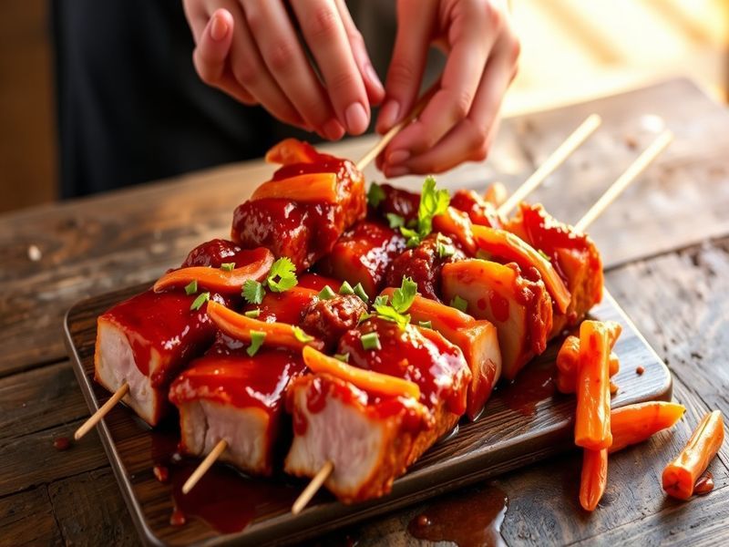 Spicy Gochujang Pork Belly and Kimchi Skewers