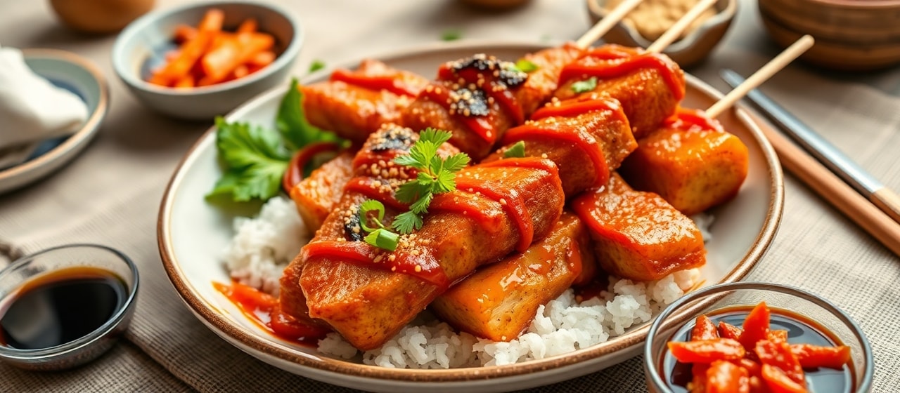 Spicy Gochujang Pork Belly and Kimchi Skewers
