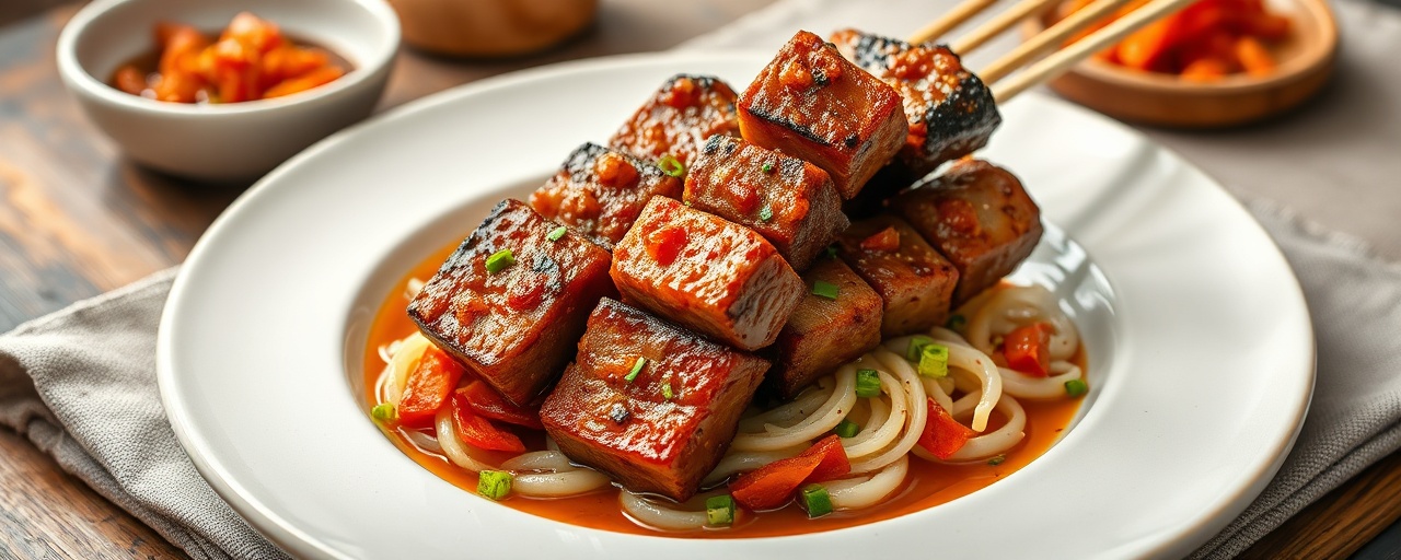 Spicy Gochujang Pork Belly and Kimchi Skewers