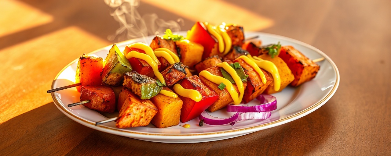 Spicy Grilled Jerk Sweet Potato and Bell Pepper Skewers with Zesty Mango-Lime Drizzle