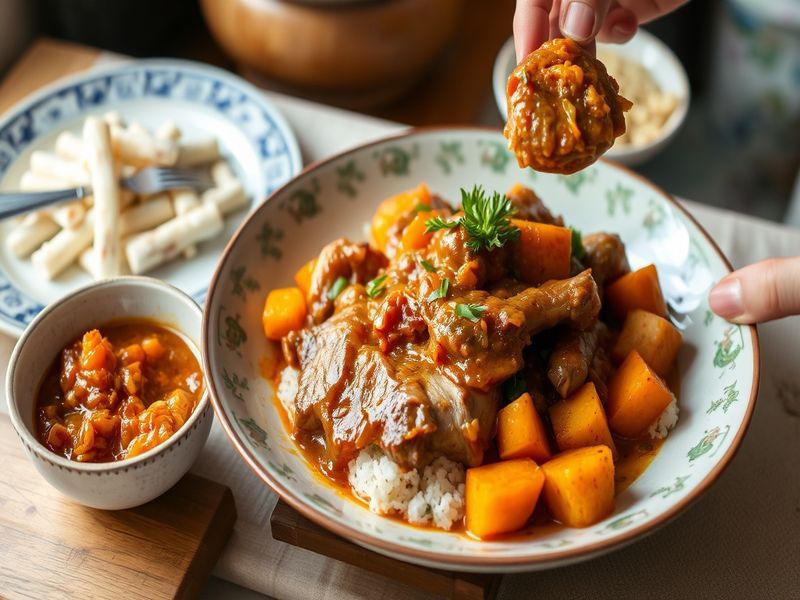 Spicy Korean Braised Chicken with Sweet Potatoes and Kimchi