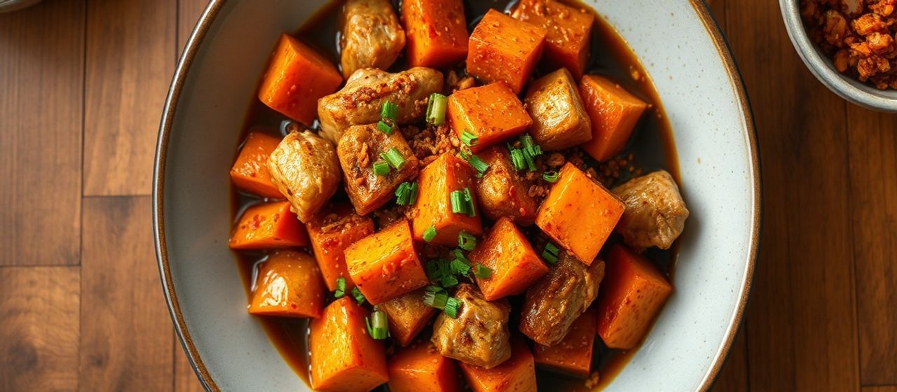 Spicy Korean Braised Chicken with Sweet Potatoes and Kimchi
