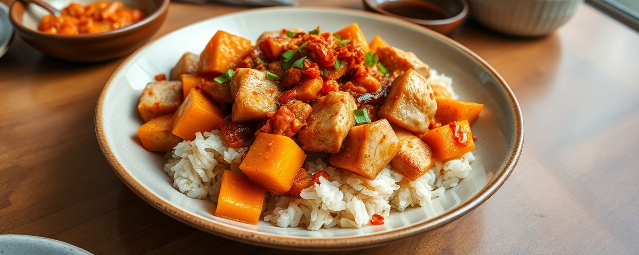 Spicy Korean Braised Chicken with Sweet Potatoes and Kimchi