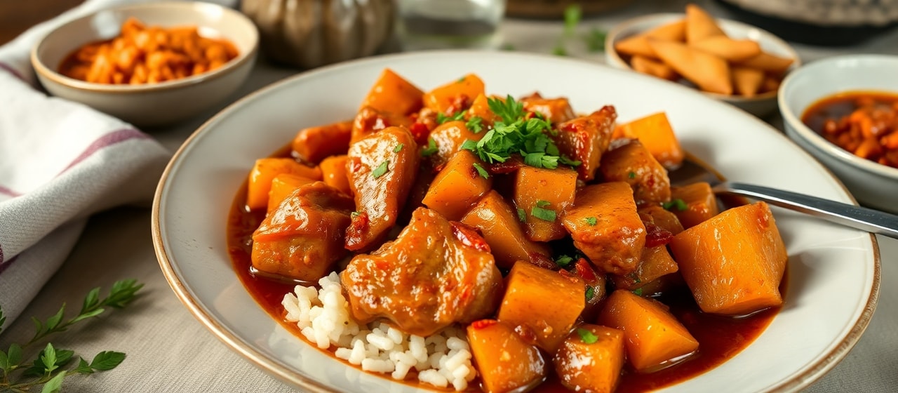 Spicy Korean Braised Chicken with Sweet Potatoes and Kimchi
