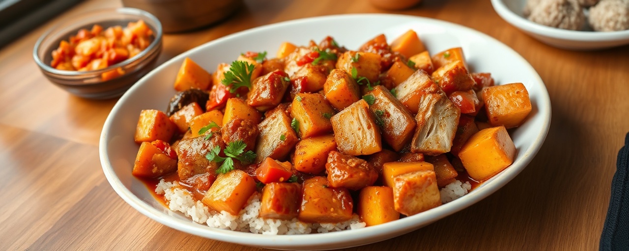 Spicy Korean Braised Chicken with Sweet Potatoes and Kimchi