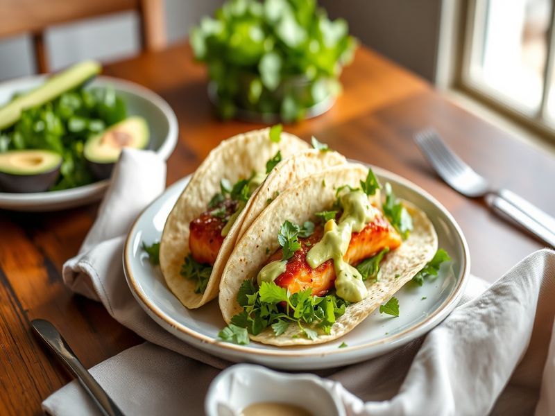 Spicy Mango-Chipotle Glazed Salmon Tacos with Avocado Crema