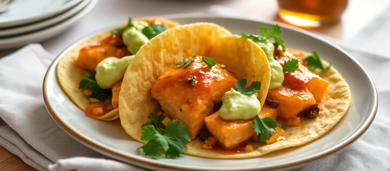 Spicy Mango-Chipotle Glazed Salmon Tacos with Avocado Crema