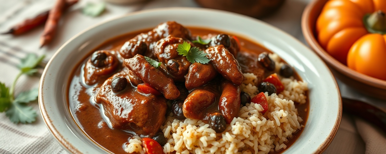 Spicy Mexican Chocolate Chicken Mole with Plantain Rice