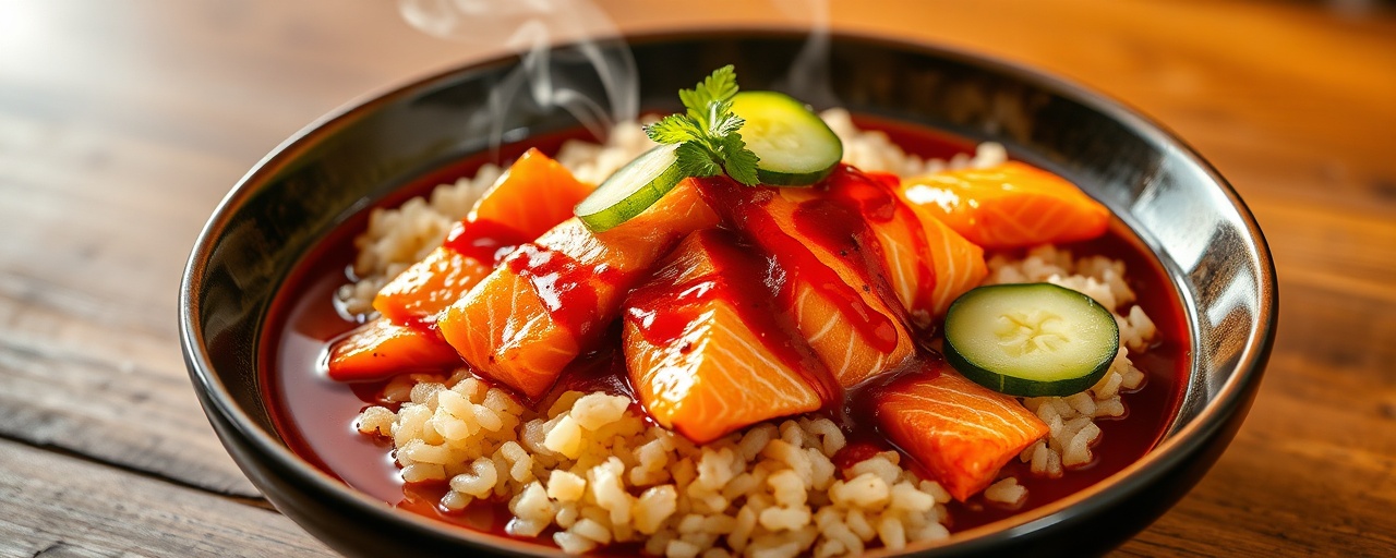 Spicy Miso Salmon Donburi with Quick Pickled Cucumber