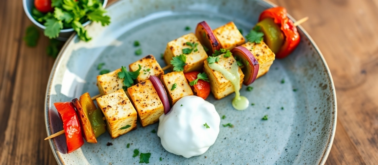 Spicy Paneer and Bell Pepper Skewers with Mint-Cilantro Glaze