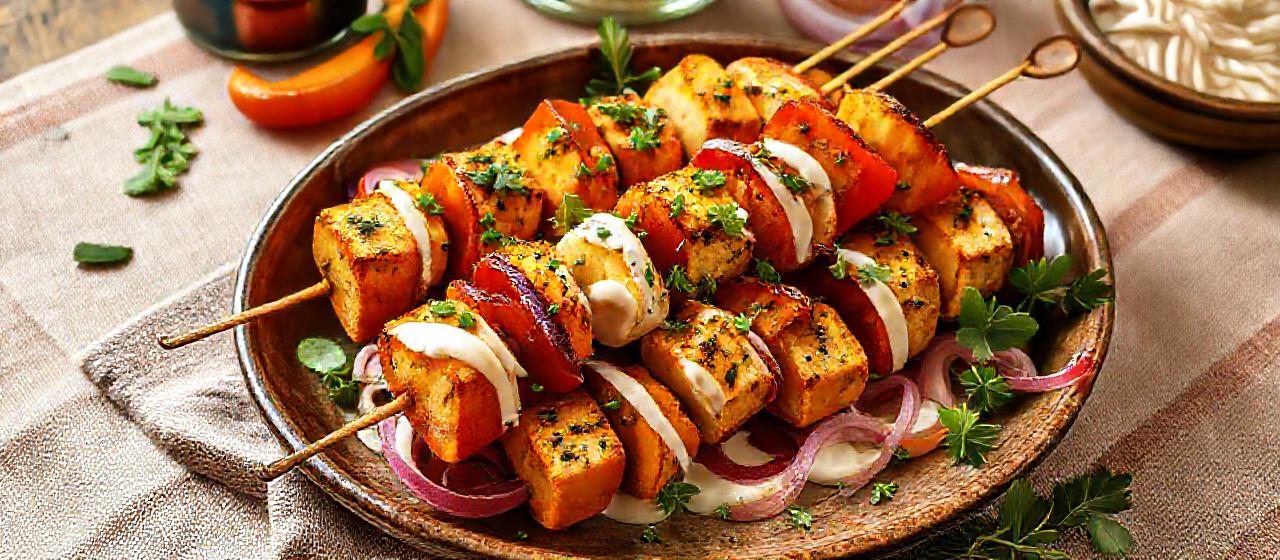 Spicy Paneer and Bell Pepper Skewers with Mint-Cilantro Glaze