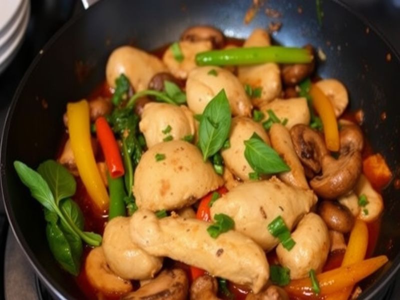 Spicy Thai Basil Chicken with Bell Peppers and Mushrooms