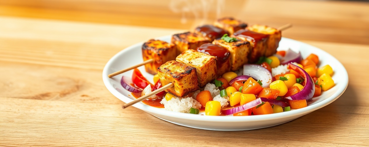 Steamed BBQ Tofu Skewers with Sweet Potato & Corn Succotash