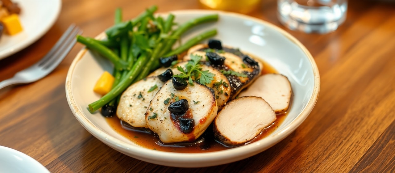 Steamed Black Garlic-Glazed Chicken with Succotash