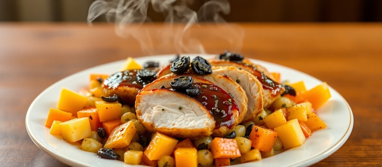 Steamed Black Garlic-Glazed Chicken with Succotash