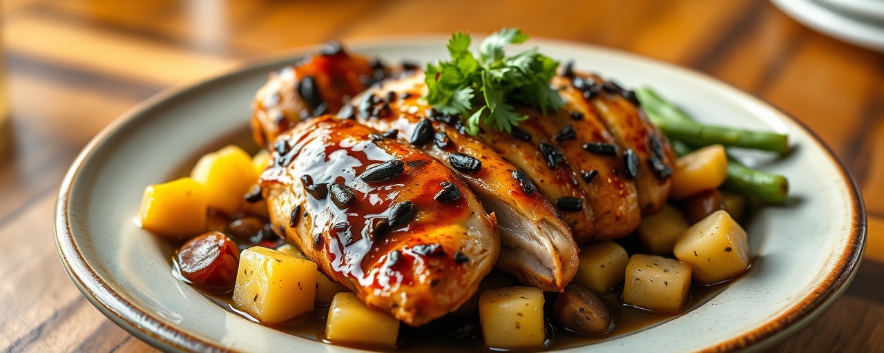 Steamed Black Garlic-Glazed Chicken with Succotash