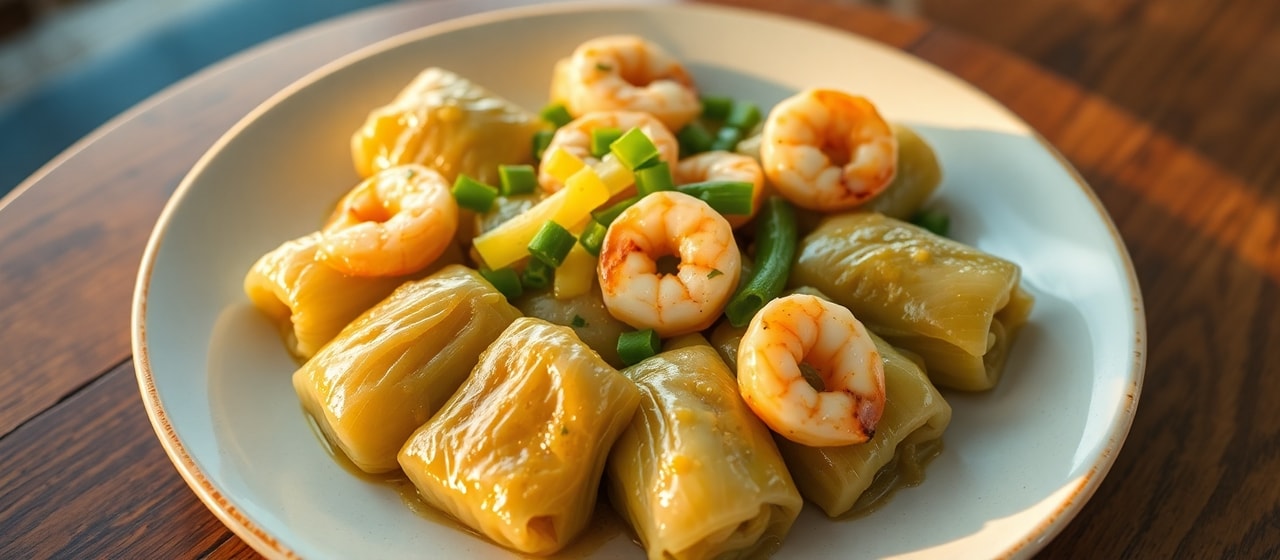 Steamed Cajun Jackfruit and Shrimp Cabbage Rolls