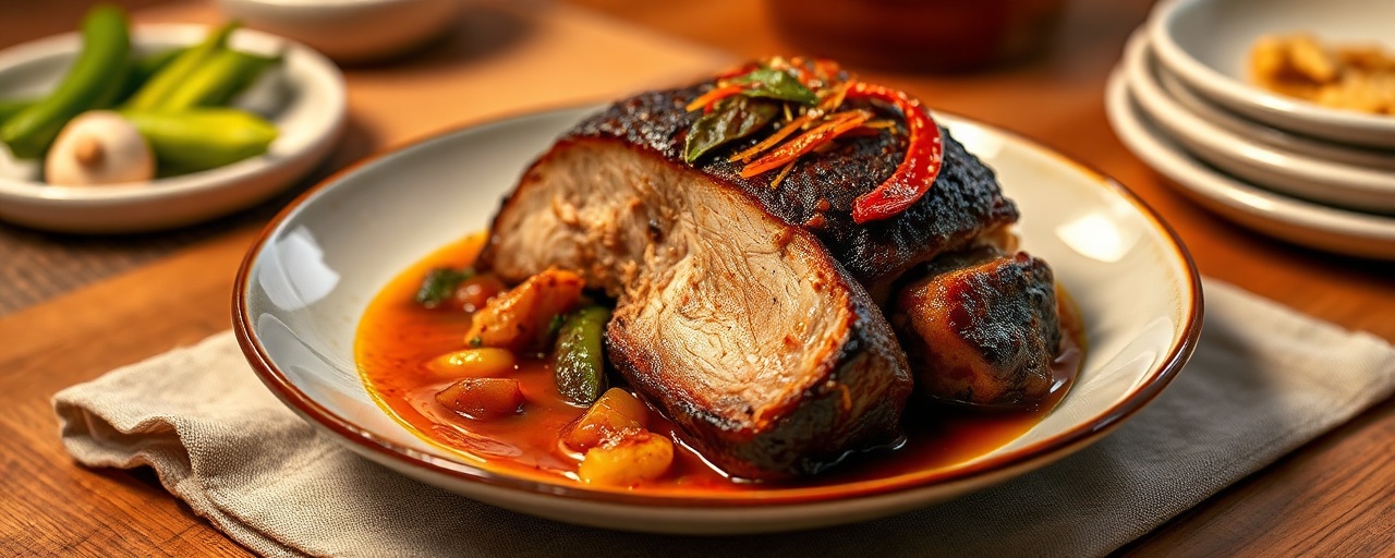 Steamed Caribbean Spiced Pork Belly with Callaloo