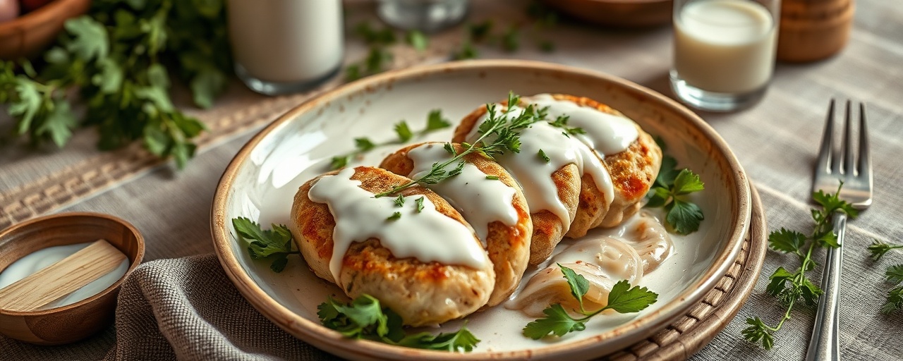 Steamed Chicken Kotlety with Sorrel-Lemongrass Yogurt Dressing