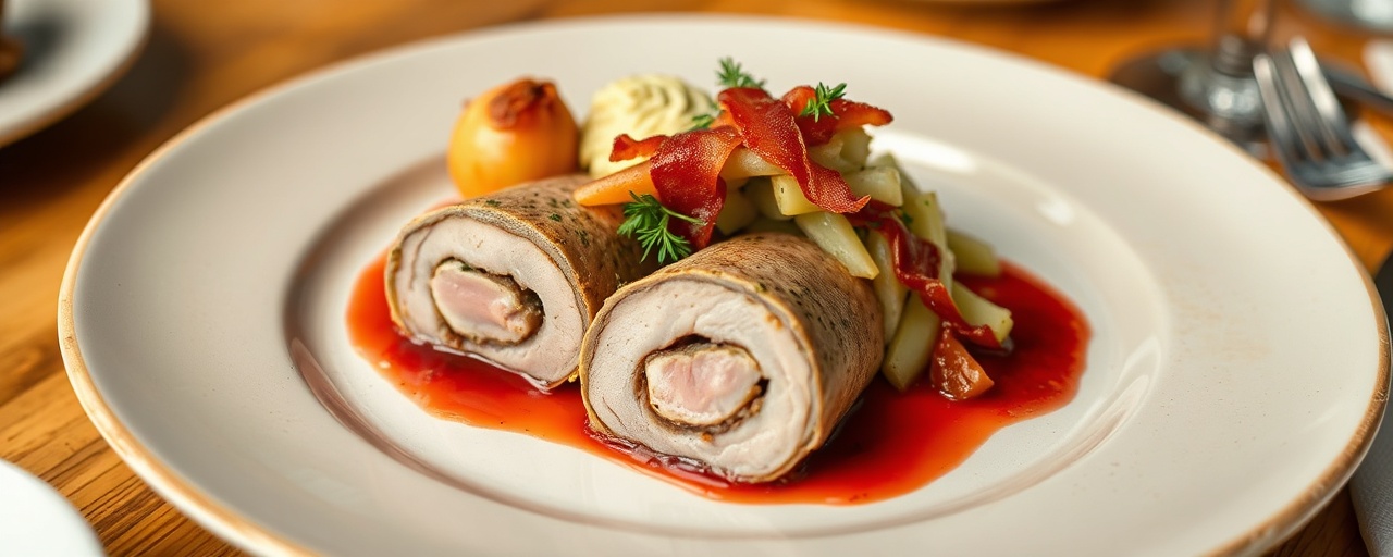 Steamed Duck Roulade with Bavarian Cabbage and Lingonberry-Horseradish Sauce