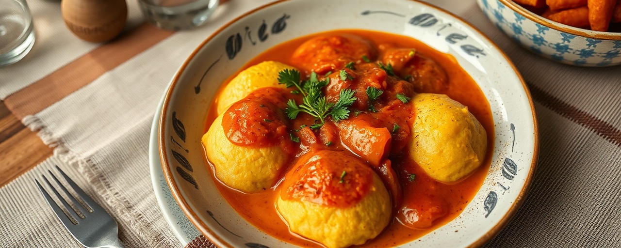 Steamed Harissa Mielie Meal and Butternut Dumplings with Tomato Gravy