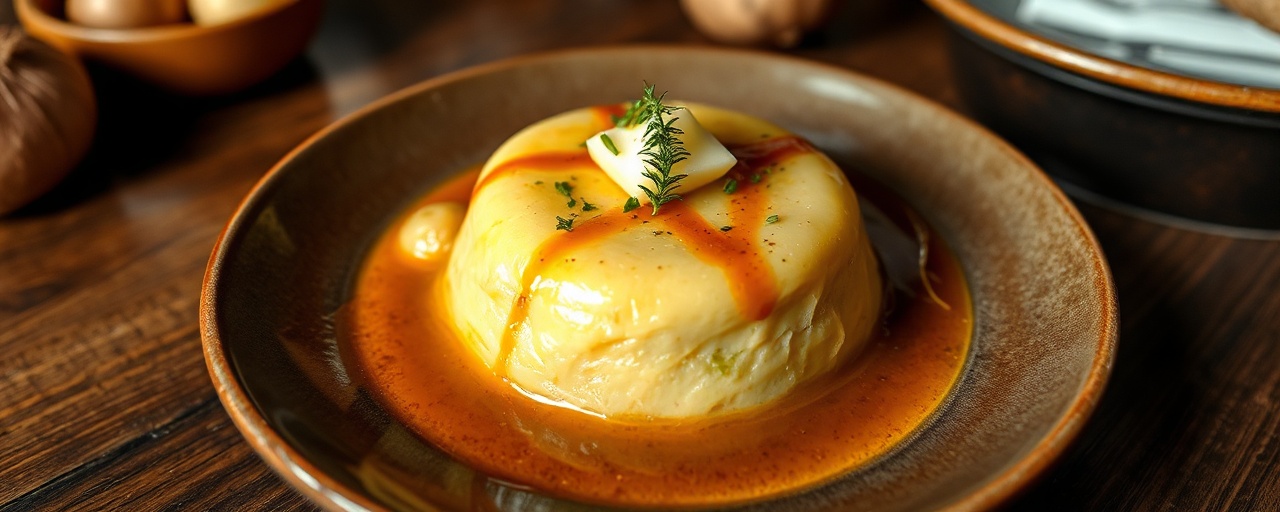 Steamed Neep and Tattie Pudding with Tamarind-Whisky Drizzle