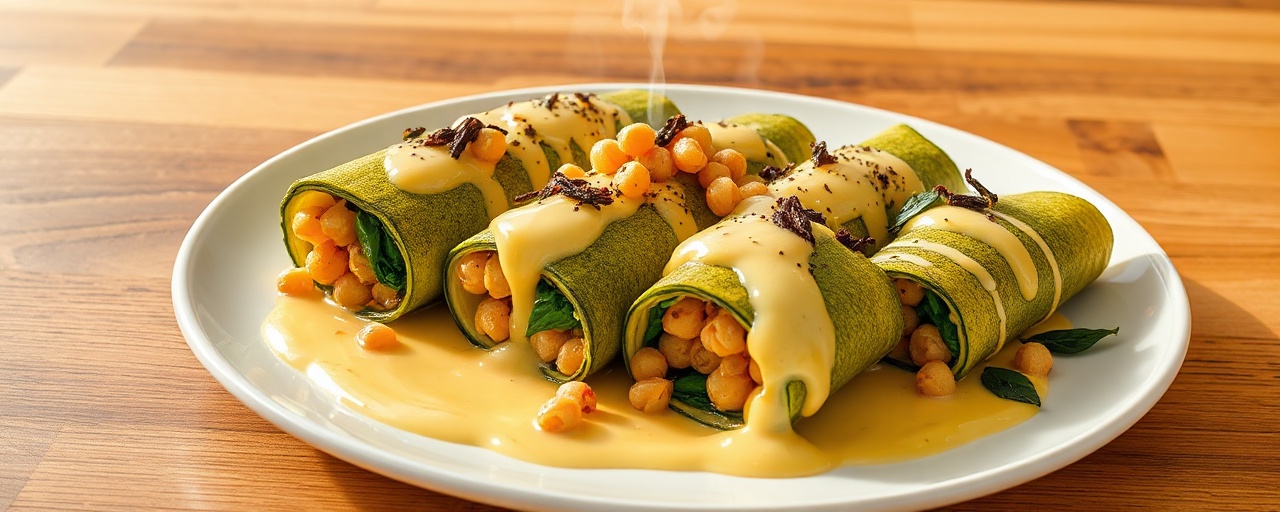 Steamed Plantain and Chickpea Zucchini Rolls with Ladolemono Dressing