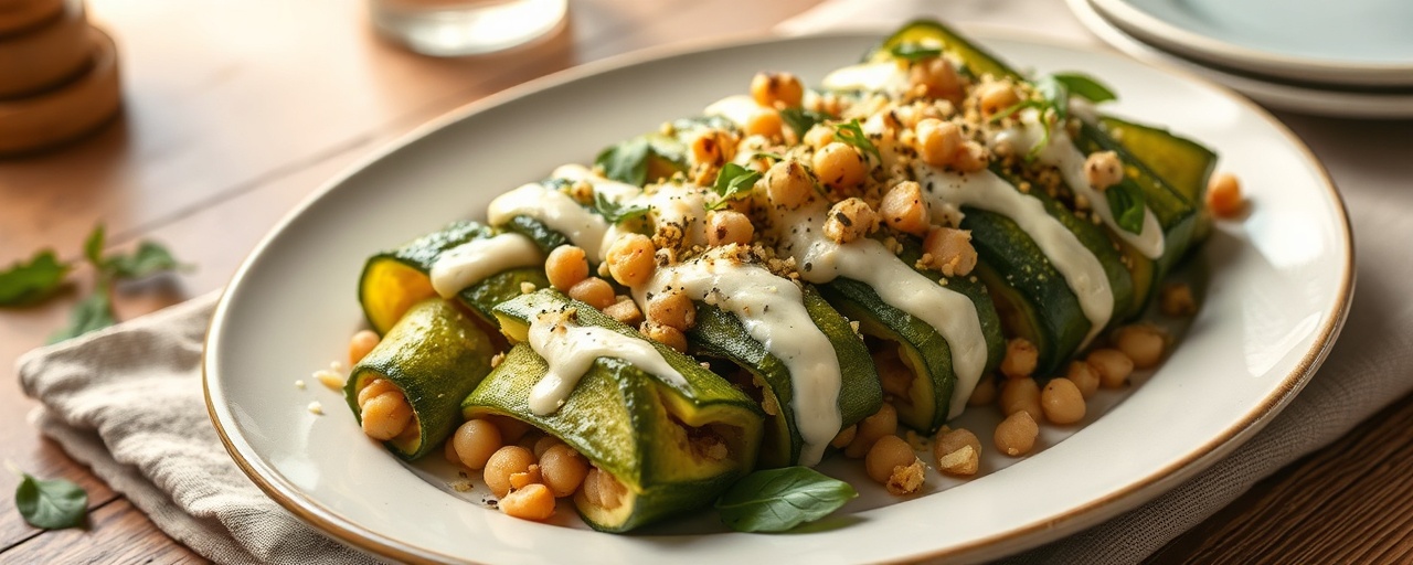 Steamed Plantain and Chickpea Zucchini Rolls with Ladolemono Dressing