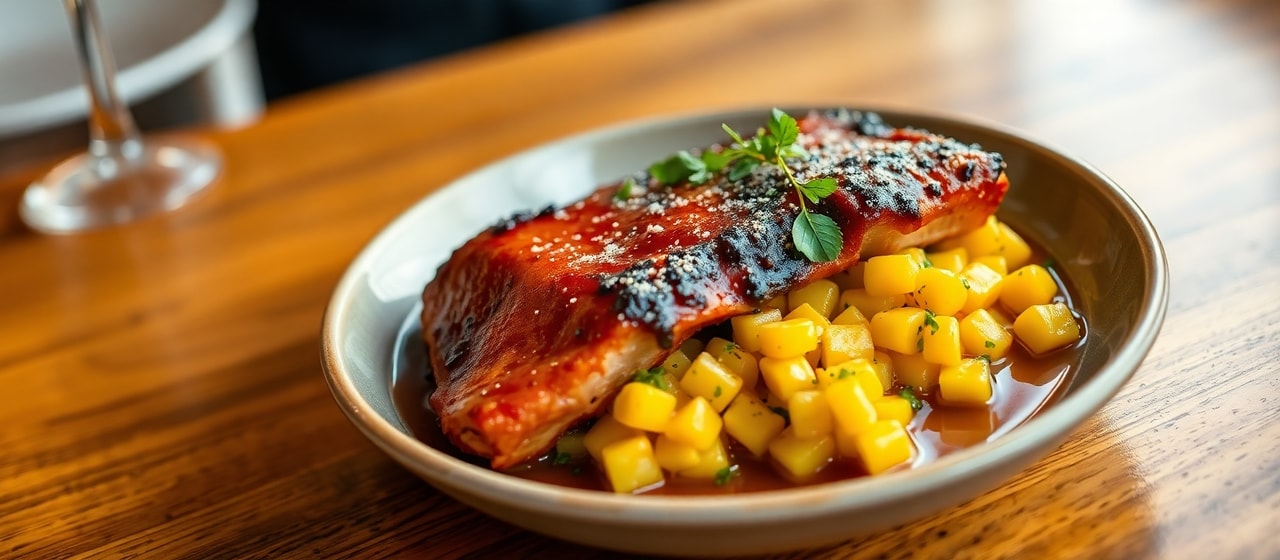 Steamed Pork Belly with Maple-Bourbon Glaze and Corn Succotash