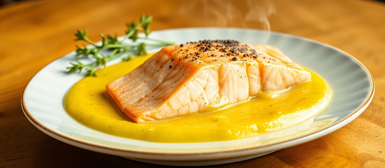 Steamed Scottish Salmon with Saffron-Whisky Butter Sauce and Neep Purée
