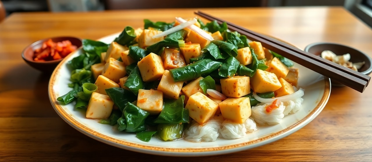 Stir-fried Kangkong and Tofu in Coconut Garlic Sauce