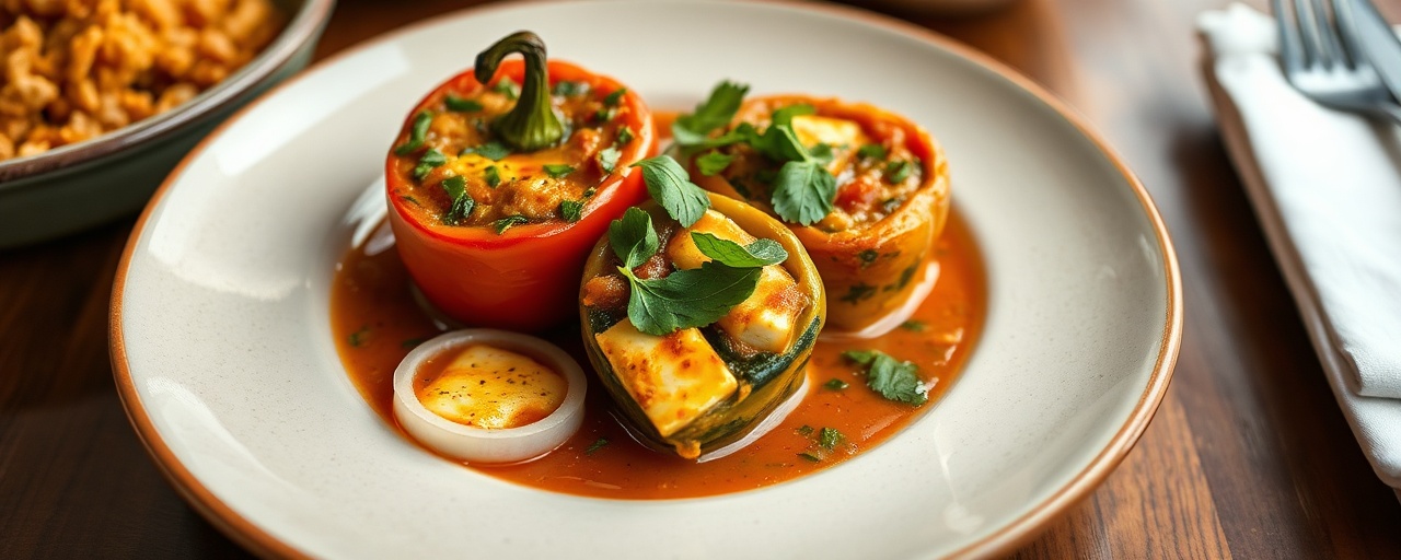 Stuffed Bell Peppers with Paneer and Spinach in Tomato-Cashew Gravy
