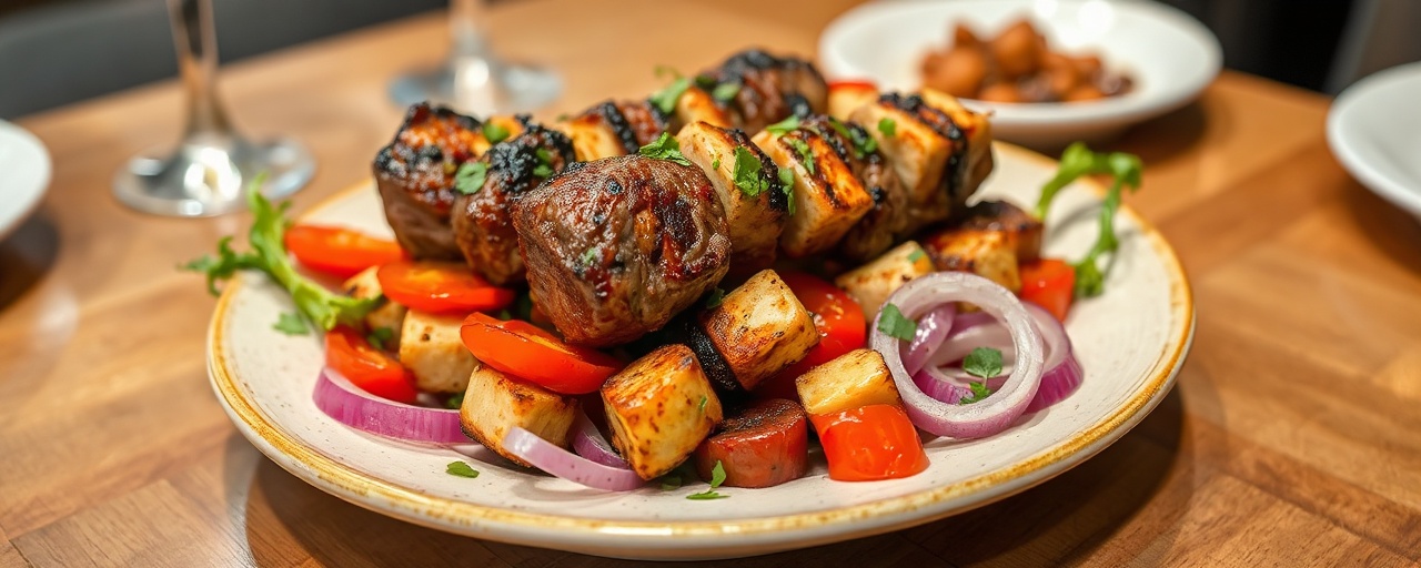 Sumac-Spiced Fire-Roasted Lamb and Halloumi Skewers with Charred Vegetable Salad