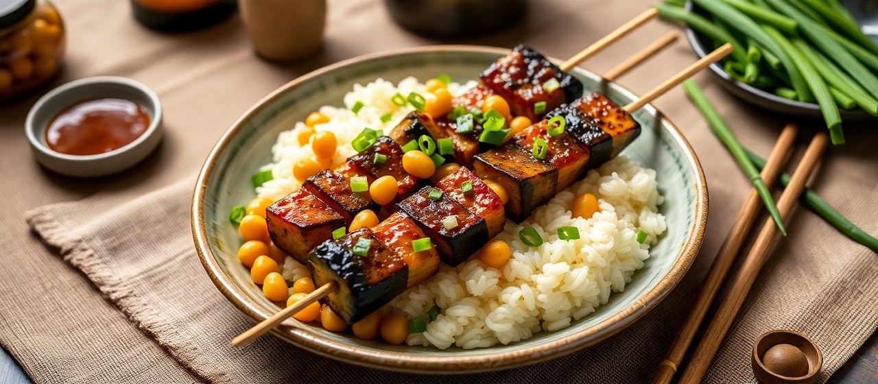 Sumiyaki Garbanzo & Nasu Skewers with Yuzu-Miso Glaze