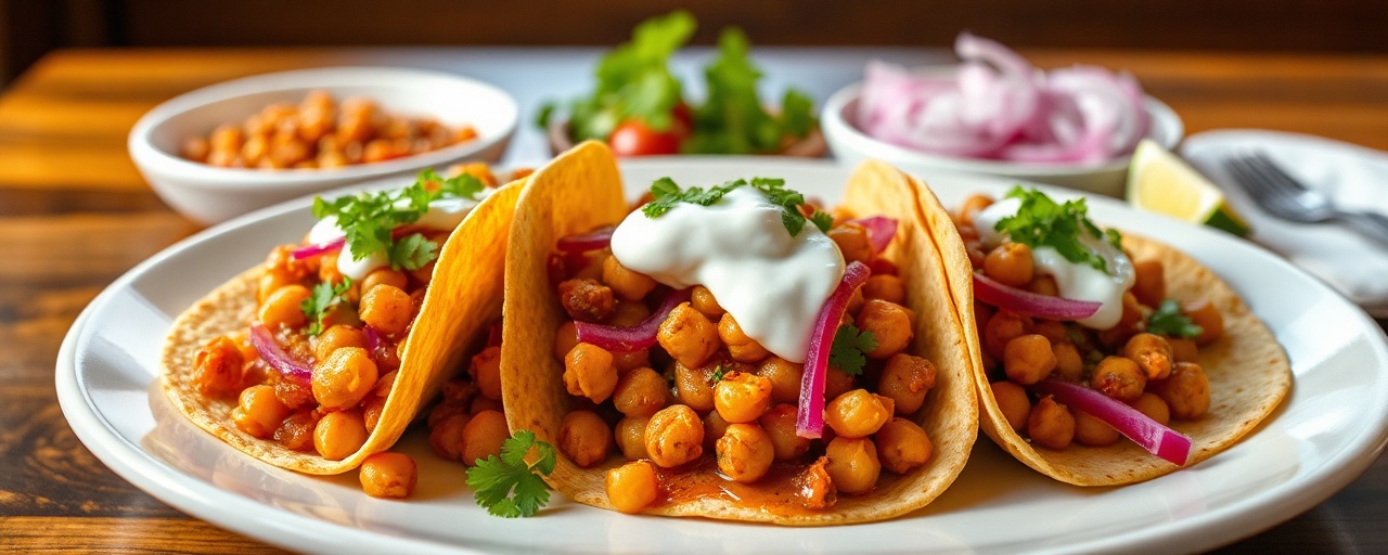 Tacos de Garbanzo Frito al Adobo con Crema de Limón