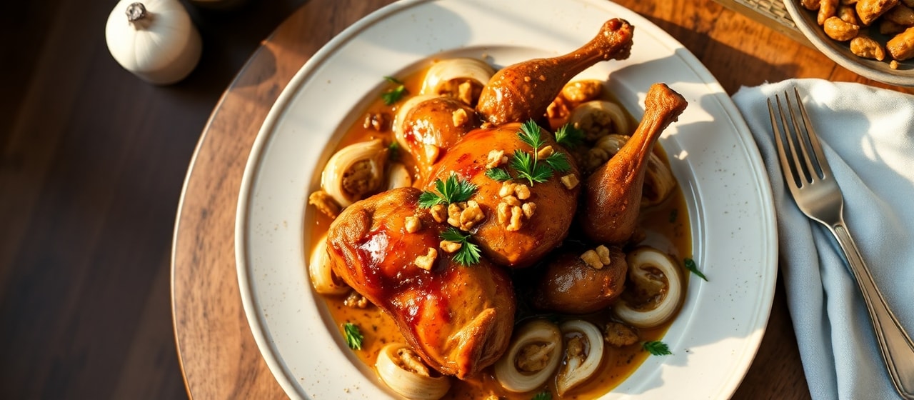 Tamarind-Glazed Chakhokhbili Style Roast Chicken with Walnut-Herb Garnish