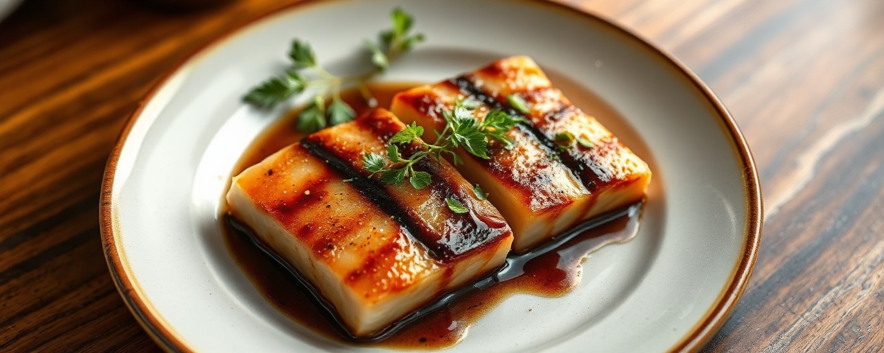 Tamarind-Glazed Pan-Seared Hamachi with Daikon and Shiso