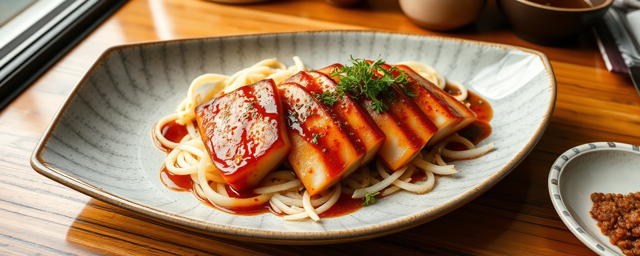 Tamarind-Glazed Pan-Seared Hamachi with Daikon and Shiso