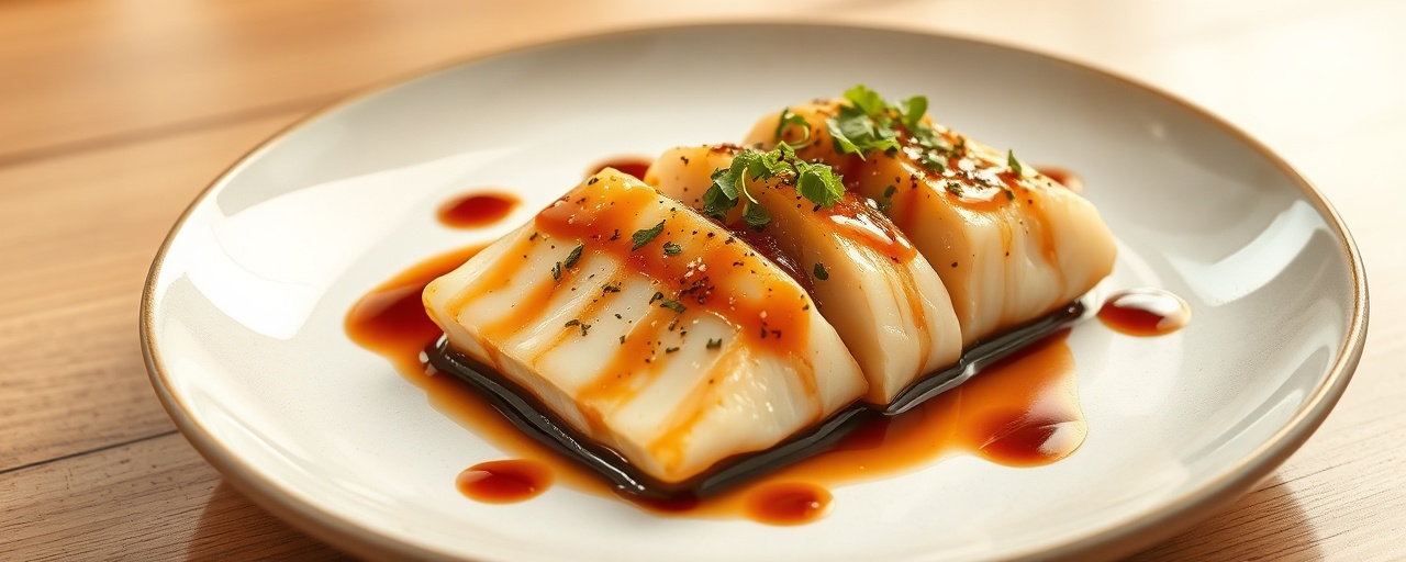 Tamarind-Glazed Pan-Seared Hamachi with Daikon and Shiso