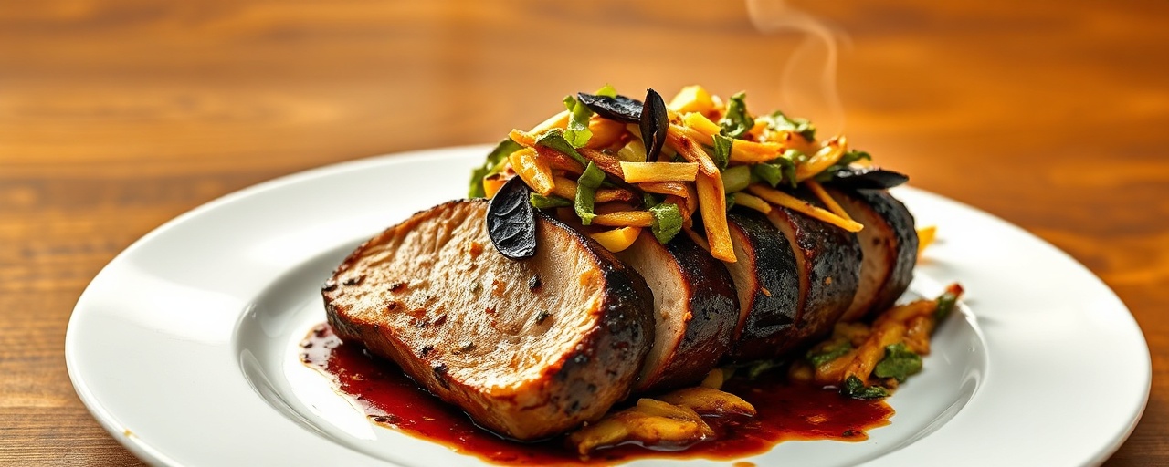 Tandoor-Baked Black Garlic Glazed Pork Tenderloin with Collard Green & Apple Slaw