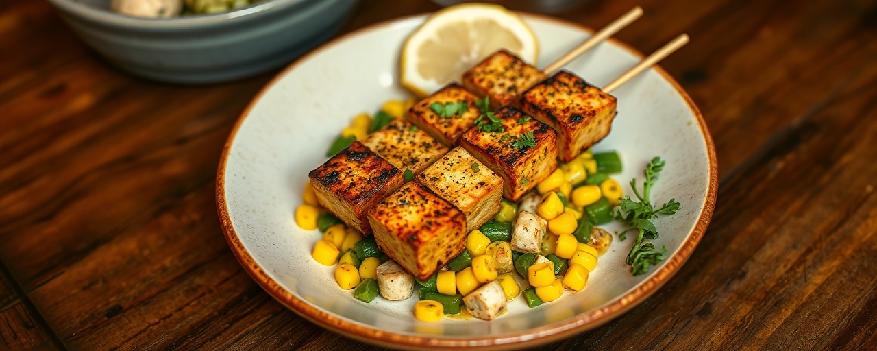 Tandoor-Baked Cajun Spiced Tofu Skewers with Smoked Okra and Corn Medley