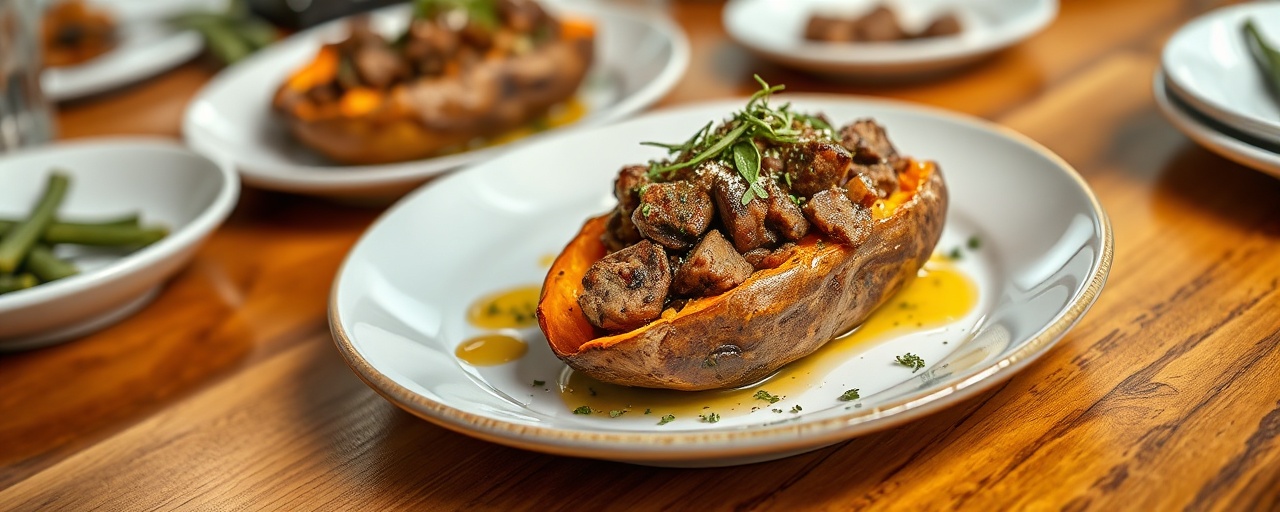 Tandoor-Baked Greek Stuffed Sweet Potatoes with Spiced Lamb